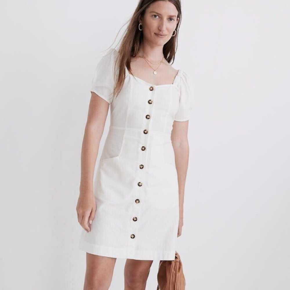 NWT Linen Puff-Sleeve Mini Dress